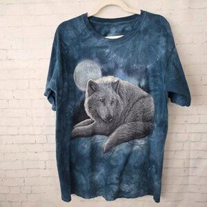 The Mountain Wolf Moon Graphic Tee Mens Size L Blue Tie Dye 100% Cotton T-Shirt